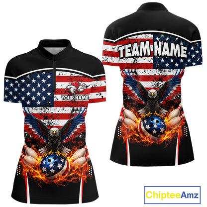American Flag Eagle Flame Bowling Shirts For Women Custom patriotic Bowling Team Jerseys NQS11735