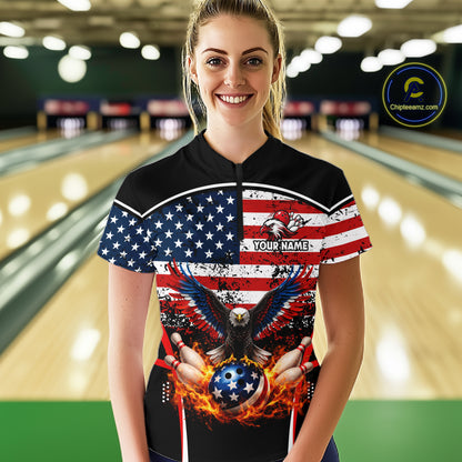 American Flag Eagle Flame Bowling Shirts For Women Custom patriotic Bowling Team Jerseys NQS11735