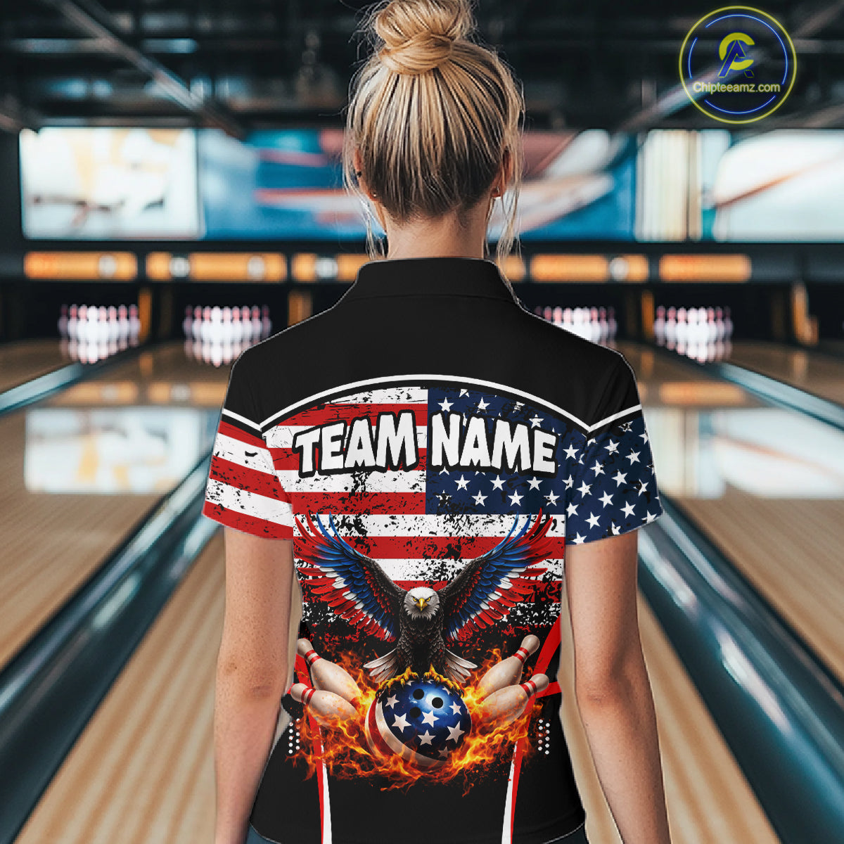 American Flag Eagle Flame Bowling Shirts For Women Custom patriotic Bowling Team Jerseys NQS11735