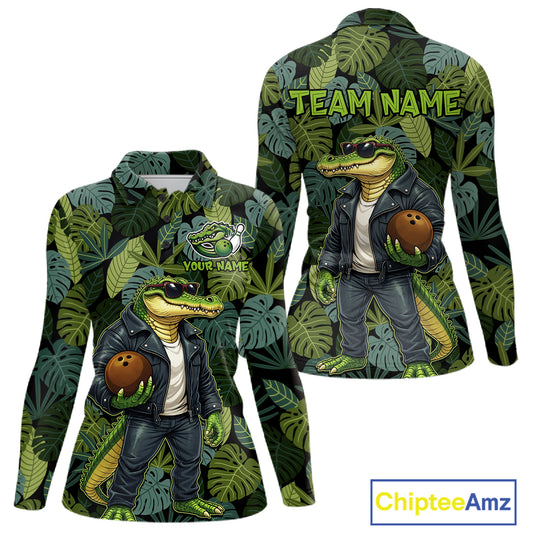 Green tropical leaf pattern Funny Alligator Bowling Shirts For Women Custom Bowling Team Jerseys NQS11744