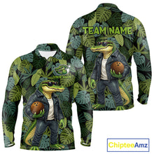 Load image into Gallery viewer, Green tropical leaf pattern Funny Alligator Bowling Shirts For Men Custom Bowling Team Jerseys NQS11744