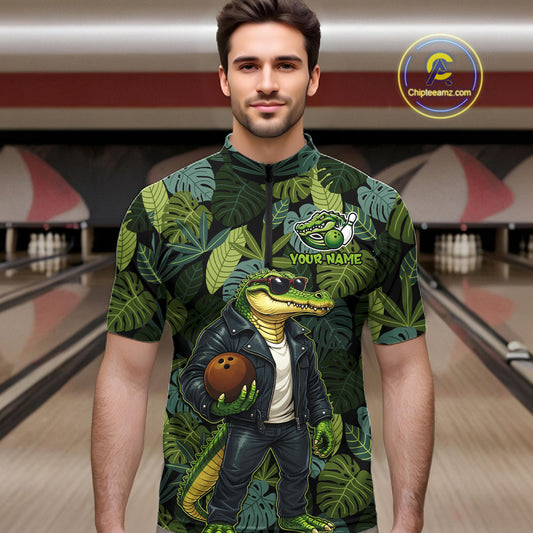 Green tropical leaf pattern Funny Alligator Bowling Shirts For Men Custom Bowling Team Jerseys NQS11744