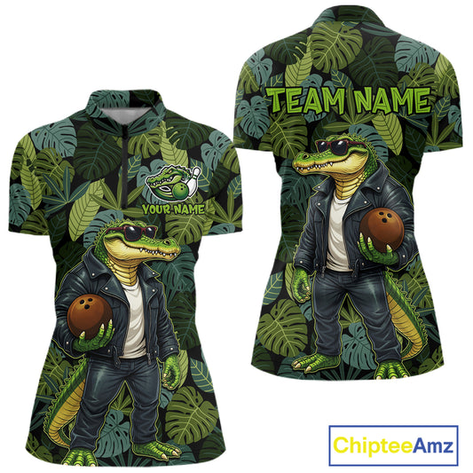 Green tropical leaf pattern Funny Alligator Bowling Shirts For Women Custom Bowling Team Jerseys NQS11744