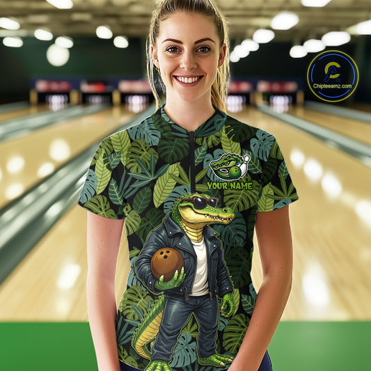Green tropical leaf pattern Funny Alligator Bowling Shirts For Women Custom Bowling Team Jerseys NQS11744