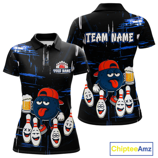 Custom Black And Blue Funny Beer Bowling Women Polo, Quarter Zip Shirts, funny bowling shirts NQS11488