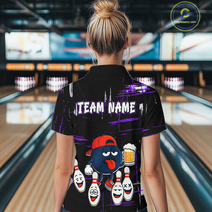 Custom Black And Purple Funny Beer Bowling Women Polo, Quarter Zip Shirts, funny bowling shirts NQS11489