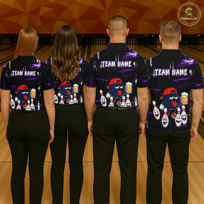 Custom Black And Purple Funny Beer Bowling Men Polo, Quarter Zip Shirts, funny bowling shirts NQS11489