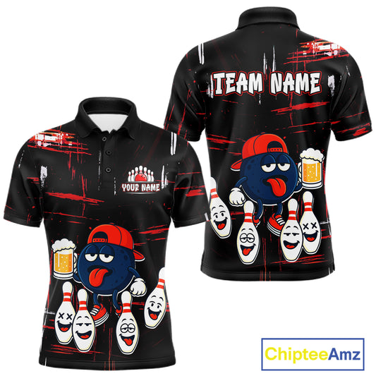 Custom Black And Red Funny Beer Bowling Men Polo, Quarter Zip Shirts, funny bowling shirts NQS11490