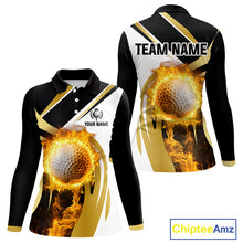 Load image into Gallery viewer, Black &amp; White Gold Flame Women Golf Polo Shirts custom team ladies golf attire, gift for golf lovers NQS10905