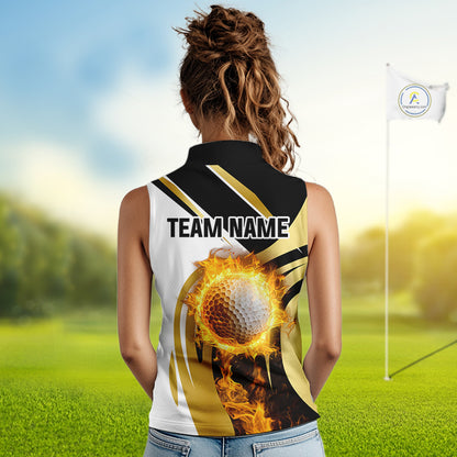 Black & White Gold Flame Women Sleeveless Polo Shirt custom team ladies golf attire, golf gifts NQS10905