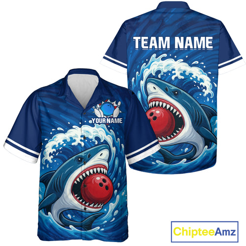 Custom Blue Shark Bowling Hawaiian Shirt, Shark Bowling Team League Hawaiian Shirt NQS10697