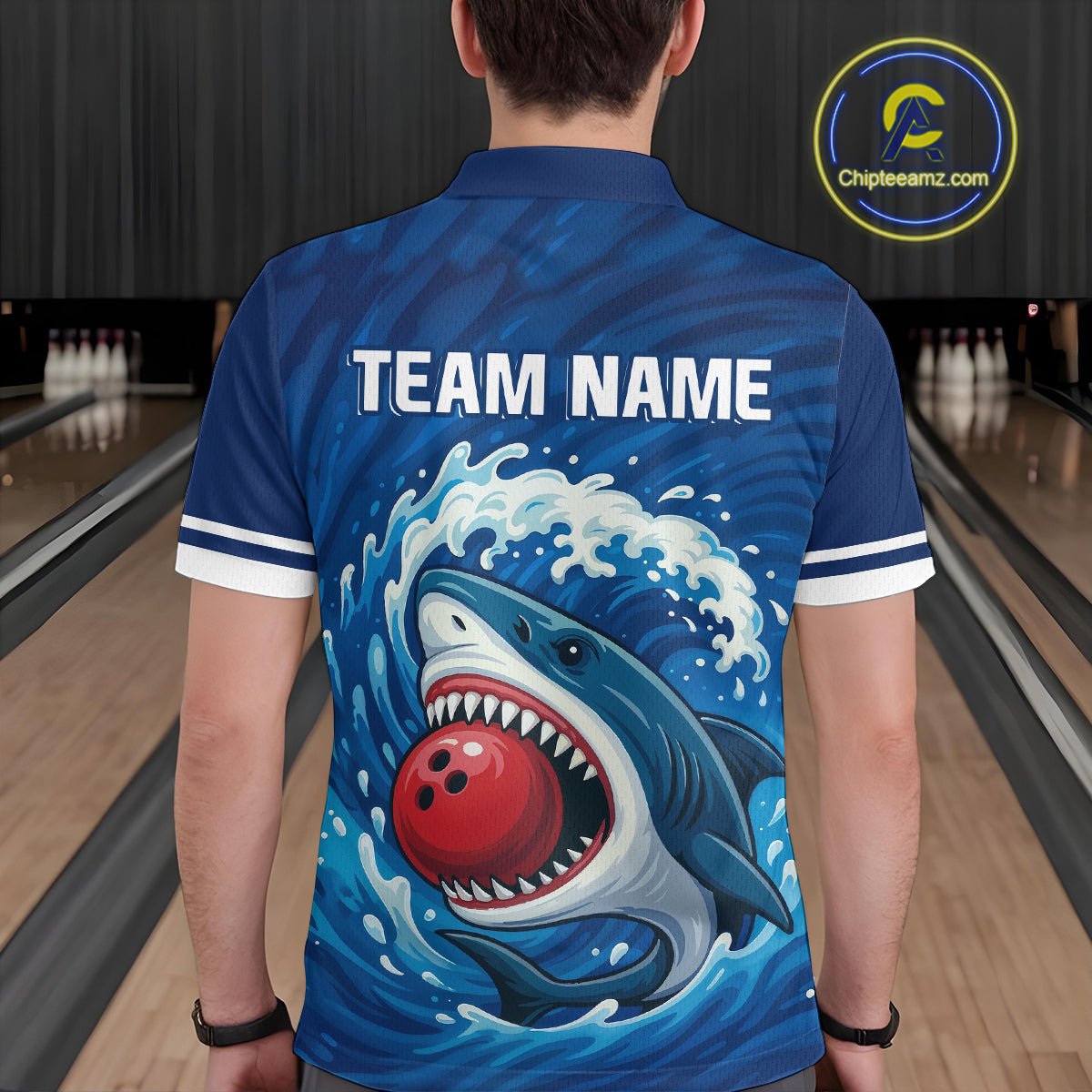 Custom Blue Shark Bowling Polo, Quarter Zip Shirts For Men, Shark Bowling Team League Shirt NQS10697