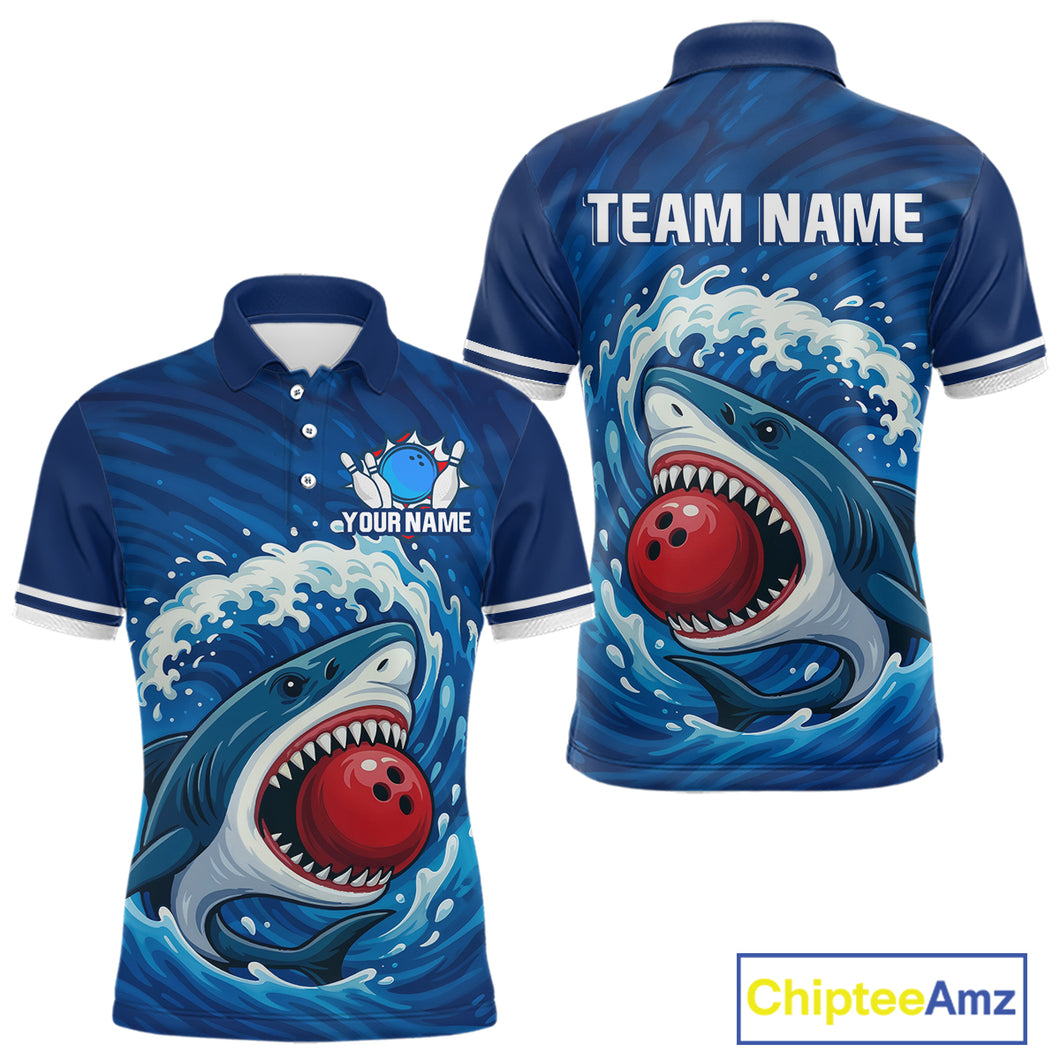 Custom Blue Shark Bowling Polo, Quarter Zip Shirts For Men, Shark Bowling Team League Shirt NQS10697