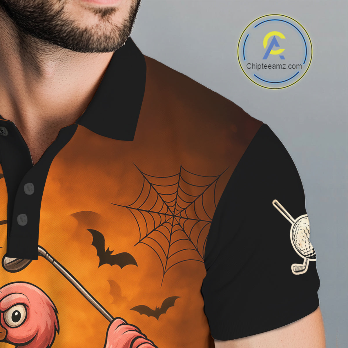 Black and Orange Funny Flamingo Golf Polo Shirt For Men Custom Halloween Golf Attire Golfing Gifts NQS10701