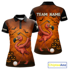 Load image into Gallery viewer, Black and Orange Funny Flamingo Golf Polo Shirt For Women Custom Halloween Golf Attire Golfing Gifts NQS10701