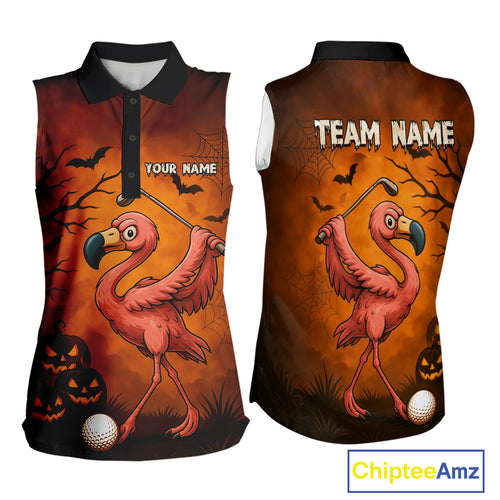Black and Orange Funny Flamingo Women Sleeveless Polo Shirt Custom Halloween Golf Attire Golfing Gift NQS10701