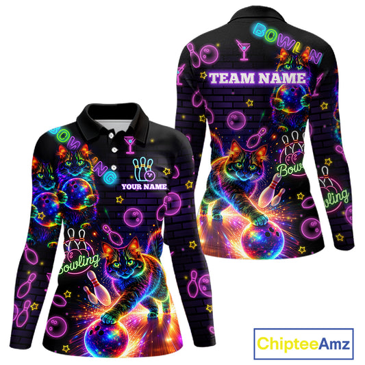 Custom Funny Cat Neon Bowling Jerseys for Ladies Bowling Outfit Polo & 1/4 Zip Bowling Team Shirts NQS11515