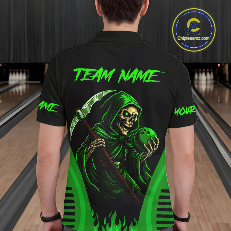 Black and Green Flame Skull Reaper Bowling Polo, Quarter Zip shirt for Men Custom team bowling jersey NQS10712