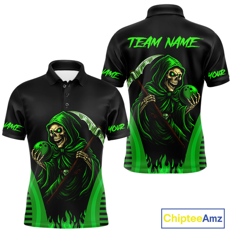 Black and Green Flame Skull Reaper Bowling Polo, Quarter Zip shirt for Men Custom team bowling jersey NQS10712