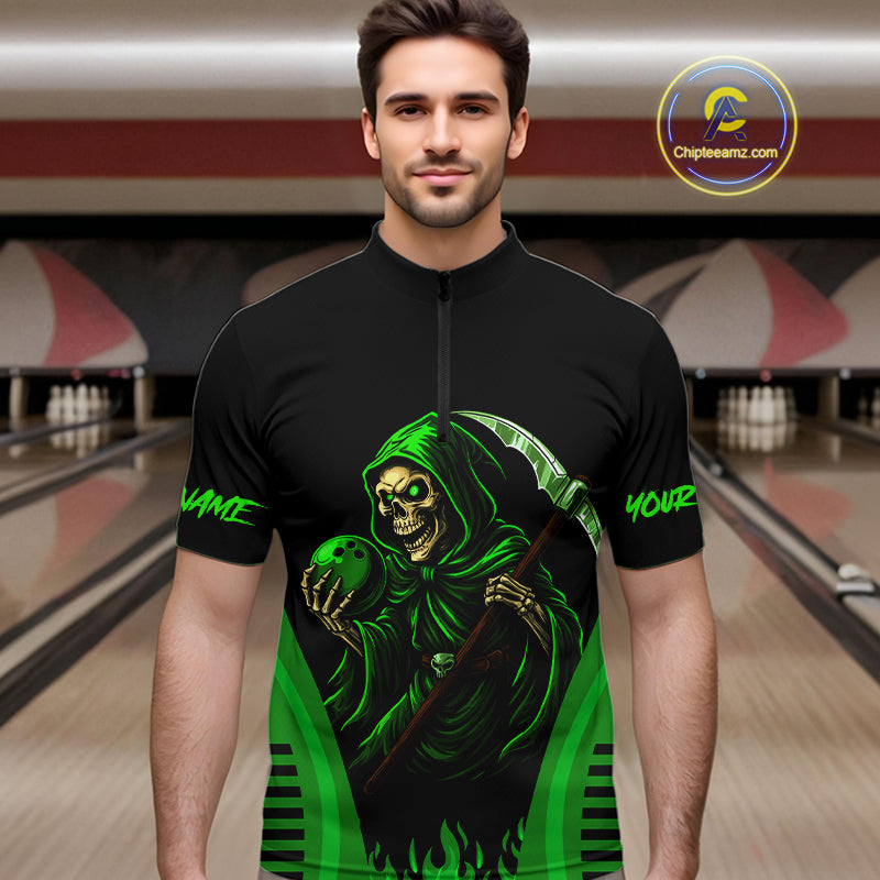 Black and Green Flame Skull Reaper Bowling Polo, Quarter Zip shirt for Men Custom team bowling jersey NQS10712