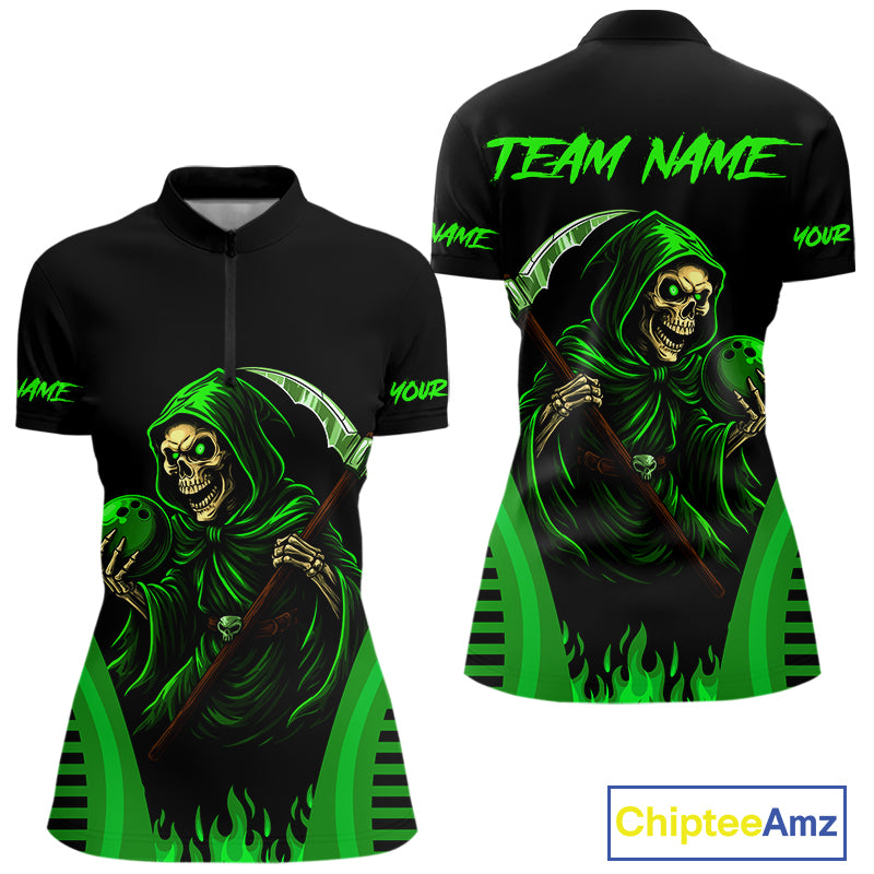 Black and Green Flame Skull Reaper Bowling Polo, Quarter Zip shirt for Men Custom team bowling jersey NQS10712