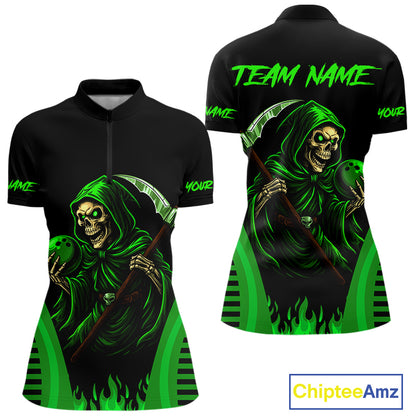 Black and Green Flame Skull Reaper Bowling Polo, Quarter Zip shirt for Men Custom team bowling jersey NQS10712