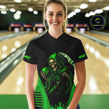 Load image into Gallery viewer, Black and Green Flame Skull Reaper Bowling Polo, 1/4 Zip shirt for Women Custom team bowling jersey NQS10712