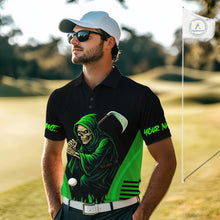 Load image into Gallery viewer, Black and Green Flame Skull Reaper Mens Golf Polo Shirt Custom team golf outfits for mens golfer gift NQS10713
