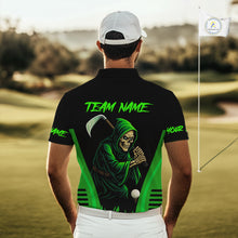 Load image into Gallery viewer, Black and Green Flame Skull Reaper Mens Golf Polo Shirt Custom team golf outfits for mens golfer gift NQS10713