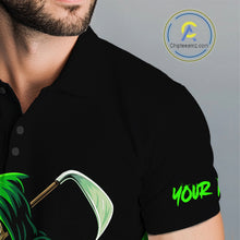 Load image into Gallery viewer, Black and Green Flame Skull Reaper Mens Golf Polo Shirt Custom team golf outfits for mens golfer gift NQS10713