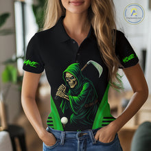 Load image into Gallery viewer, Black and Green Flame Skull Reaper Women Golf Polo Shirt Custom team golf outfits for ladies golfer NQS10713