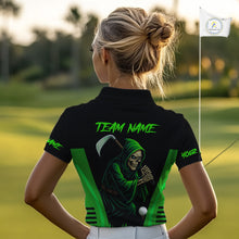 Load image into Gallery viewer, Black and Green Flame Skull Reaper Women Golf Polo Shirt Custom team golf outfits for ladies golfer NQS10713