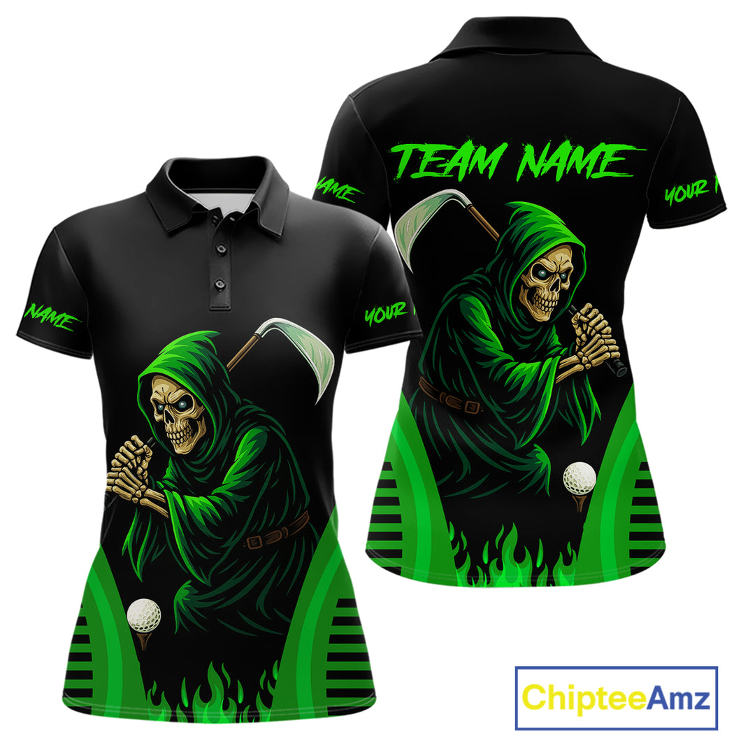 Black and Green Flame Skull Reaper Women Golf Polo Shirt Custom team golf outfits for ladies golfer NQS10713