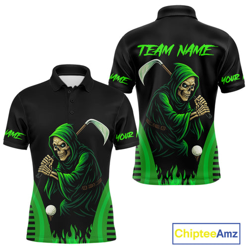 Black and Green Flame Skull Reaper Mens Golf Polo Shirt Custom team golf outfits for mens golfer gift NQS10713