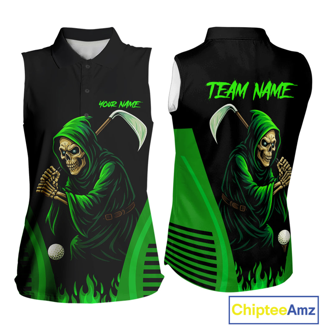 Black and Green Flame Skull Reaper Women Sleeveless Polo Shirt Custom team golf outfits for ladies NQS10713
