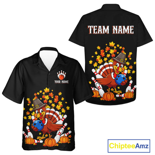 Funny Turkey Bowling Hawaiian Shirt, Autumn Leaf Thanksgiving Bowling Tournament Shirts NQS10716