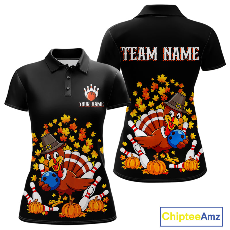 Funny Turkey Bowling Shirts For Women, Autumn Leaf Thanksgiving Bowling Tournament Shirts NQS10716