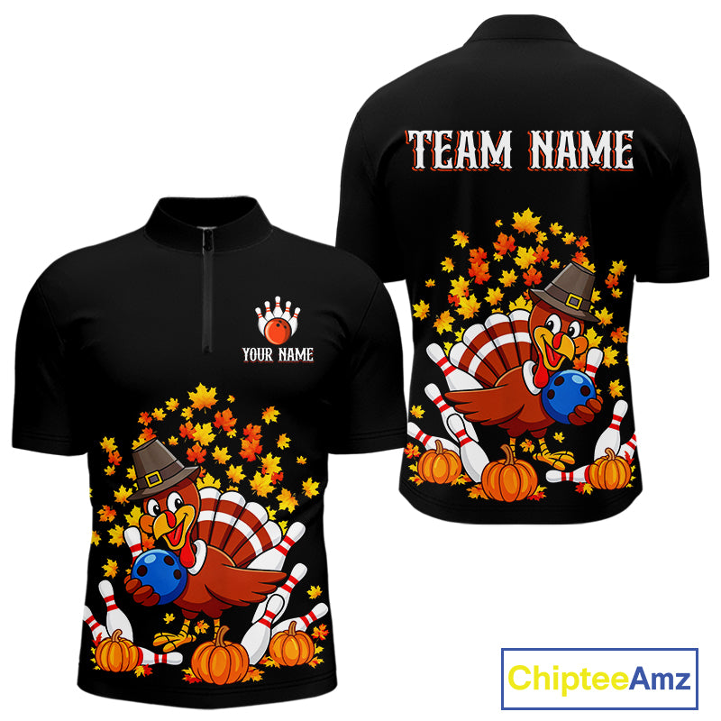 Funny Turkey Bowling Shirts For Men, Autumn Leaf Thanksgiving Bowling Tournament Shirts NQS10716
