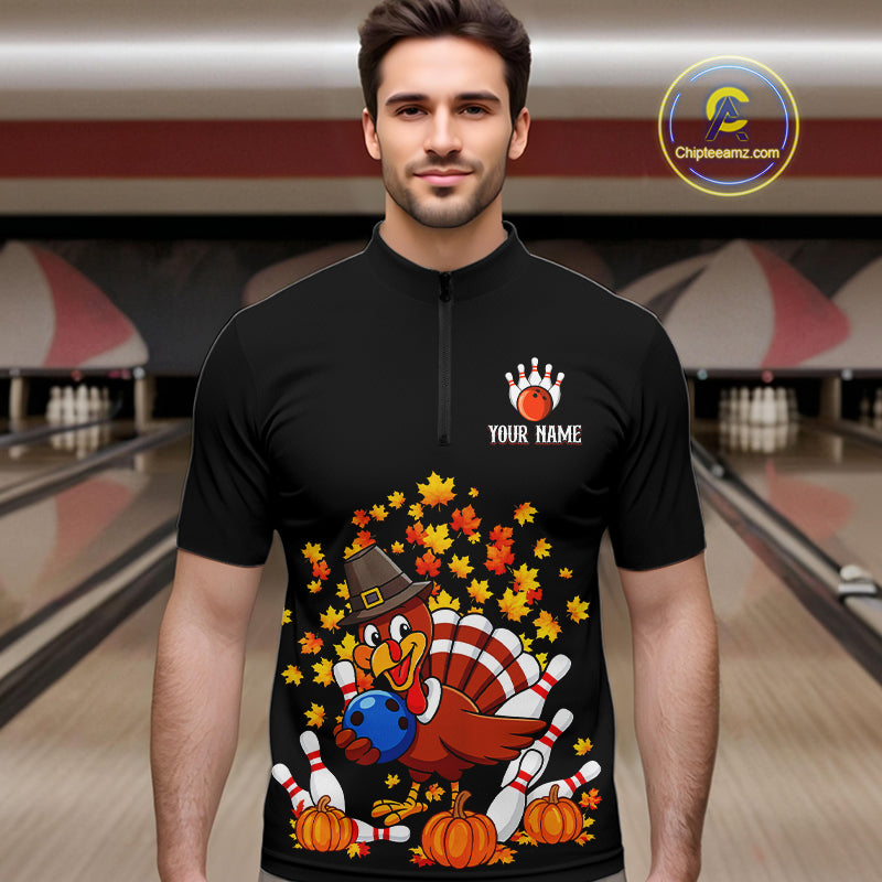 Funny Turkey Bowling Shirts For Men, Autumn Leaf Thanksgiving Bowling Tournament Shirts NQS10716