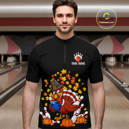 Funny Turkey Bowling Shirts For Men, Autumn Leaf Thanksgiving Bowling Tournament Shirts NQS10716