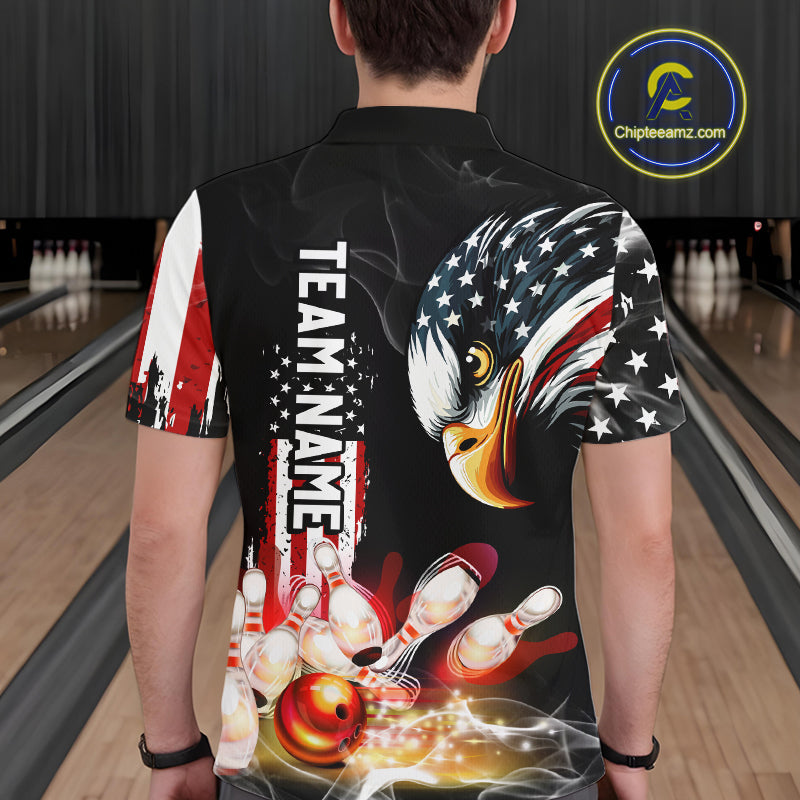 American Flag smoke Eagle Bowling Polo, 1/4 zip Shirts For Men Custom patriotic Bowling team jerseys NQS10719