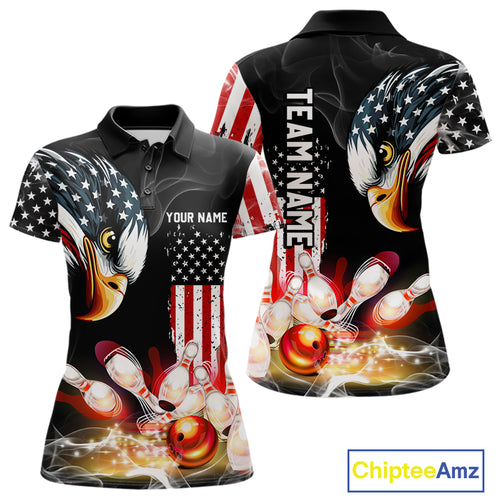 American Flag smoke Eagle Bowling Polo, 1/4 zip Shirts For Women Custom patriotic Bowling team jersey NQS10719