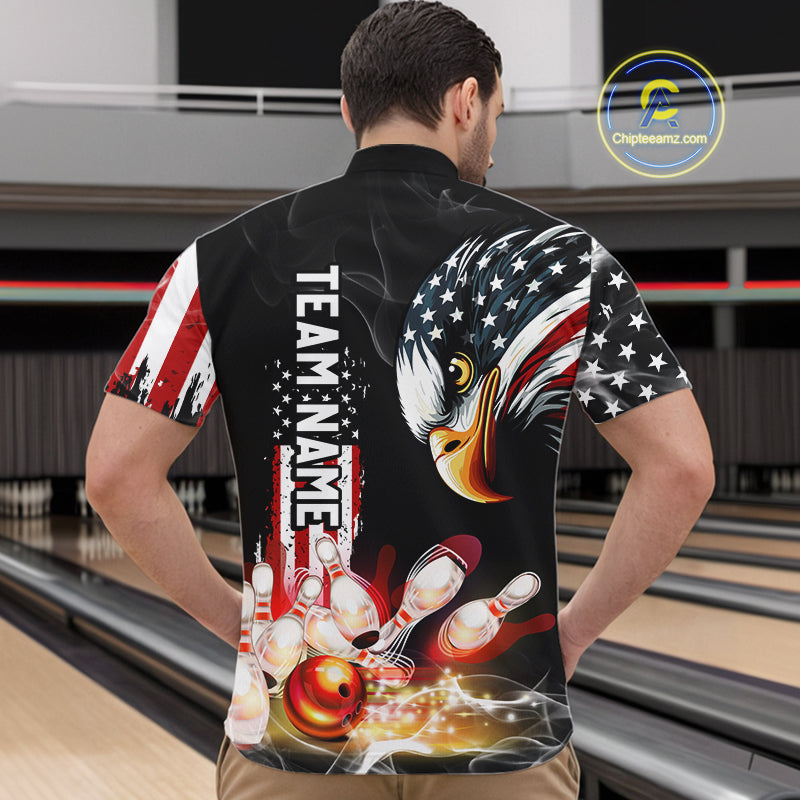 American Flag smoke Eagle Bowling Polo, 1/4 zip Shirts For Men Custom patriotic Bowling team jerseys NQS10719