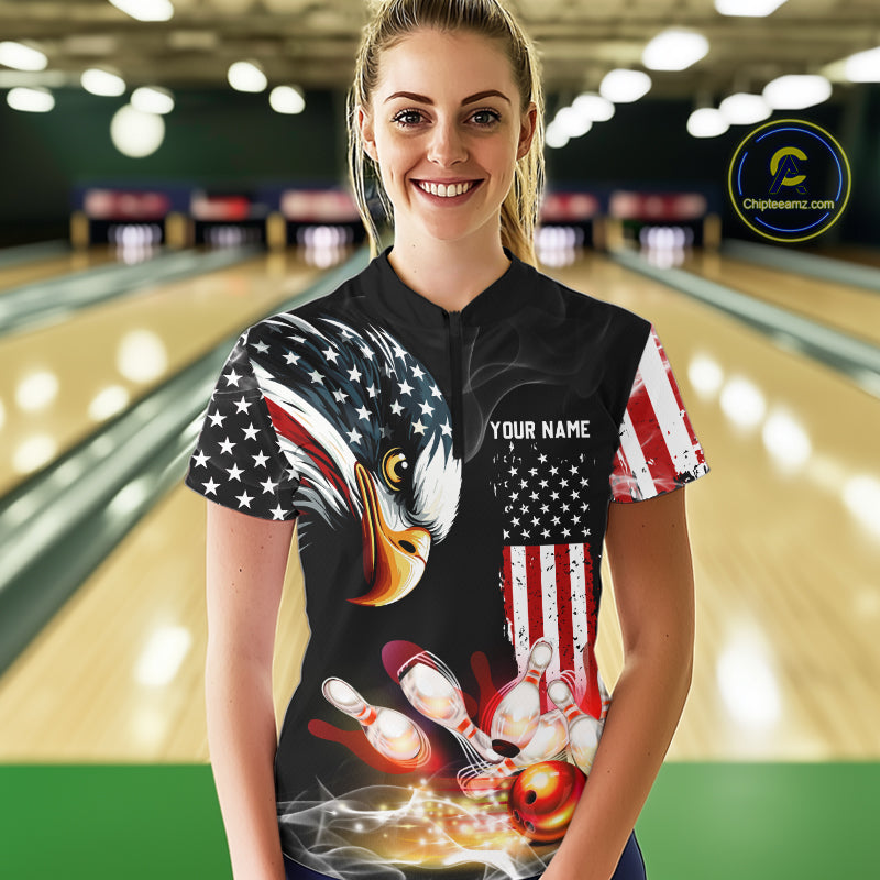 American Flag smoke Eagle Bowling Polo, 1/4 zip Shirts For Women Custom patriotic Bowling team jersey NQS10719