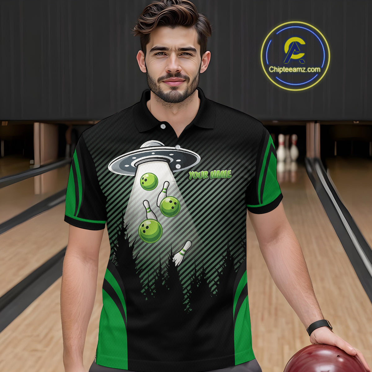 Black and Green ufo alien Bowling Mens Bowling Polo, quarter zip Shirts Custom Bowling Team Jersey NQS10726