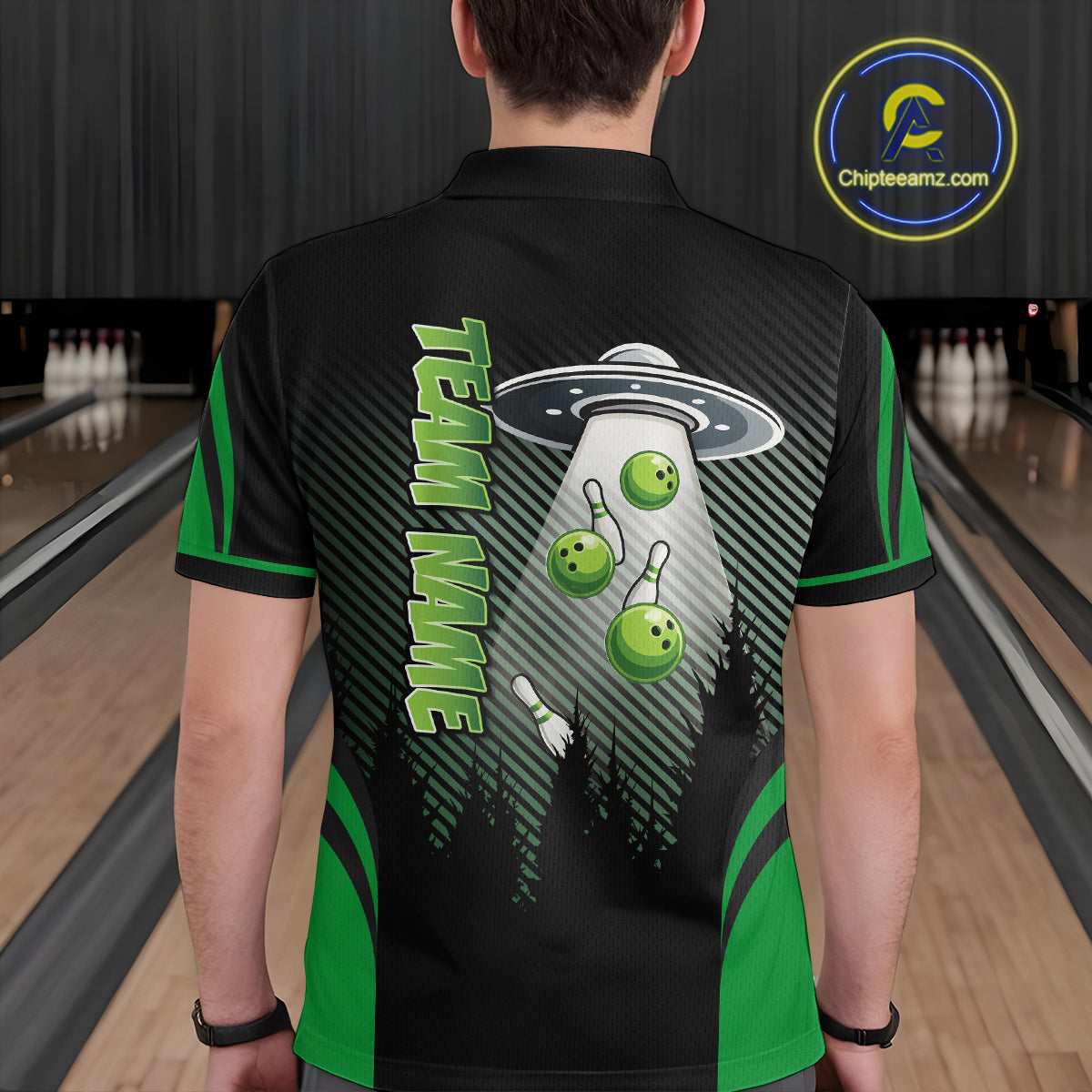 Black and Green ufo alien Bowling Mens Bowling Polo, quarter zip Shirts Custom Bowling Team Jersey NQS10726