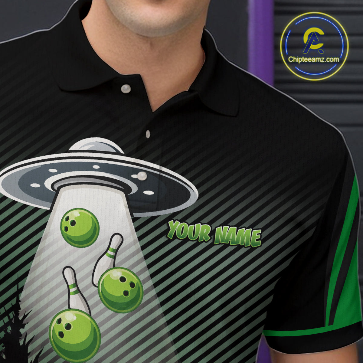 Black and Green ufo alien Bowling Mens Bowling Polo, quarter zip Shirts Custom Bowling Team Jersey NQS10726