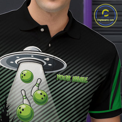 Black and Green ufo alien Bowling Mens Bowling Polo, quarter zip Shirts Custom Bowling Team Jersey NQS10726