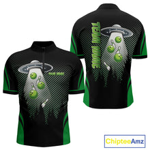 Load image into Gallery viewer, Black and Green ufo alien Bowling Mens Bowling Polo, quarter zip Shirts Custom Bowling Team Jersey NQS10726