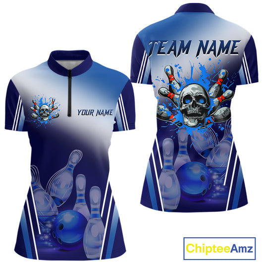 Personalized Blue Gradient Skull Bowling Shirts For Women Custom Bowling Team Jerseys Gift For Bowler NQS11138